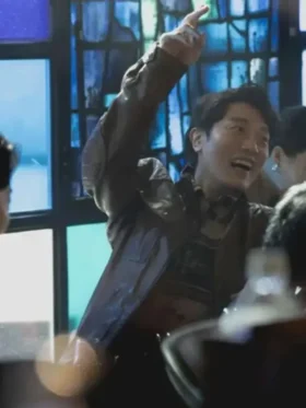 Park Hee-soon No Other Choice Brown Leather Jacket Front Look