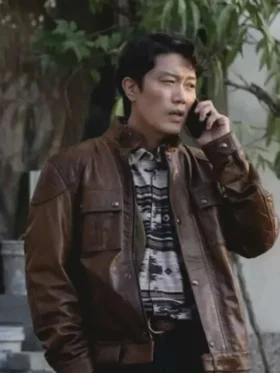 Park Hee-soon No Other Choice Brown Leather Jacket Front Look