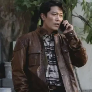 Park Hee-soon No Other Choice Brown Leather Jacket Front Look