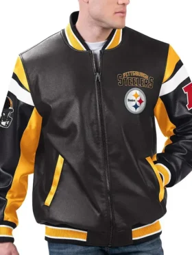 Pittsburgh Steelers Black Varsity Full-Zip Leather Jacket Front Look