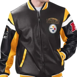 Pittsburgh Steelers Black Varsity Full-Zip Leather Jacket Front Look