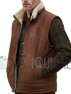 Premium Mens Brown Shearling Lined Sleeveless Leather Jacket