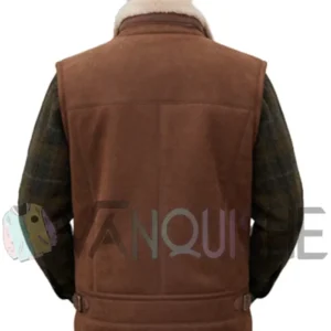 Premium Mens Brown Shearling Lined Sleeveless Leather Jacket Back Look