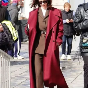 Rebecca Hall The Beauty Maroon Trench Coat Front Look