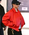 Rihanna Oversized Red Leather Jacket Front Look