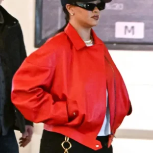 Rihanna Oversized Red Leather Jacket Front Look
