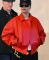 Rihanna Oversized Red Leather Jacket Front Look