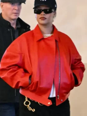 Rihanna Oversized Red Leather Jacket Front Look