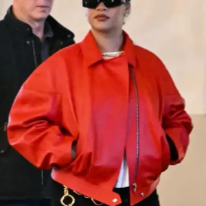 Rihanna Oversized Red Leather Jacket Front Look