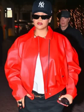 Rihanna Oversized Red Leather Jacket Front Look