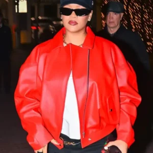 Rihanna Oversized Red Leather Jacket Front Look