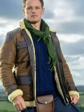 Sam Heughan Men in Kilts S02 Brown Shearling Jacket Front Look