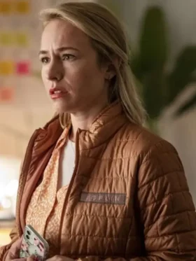 Sarah Goldberg Barry Orange Puffer Jacket Front Look