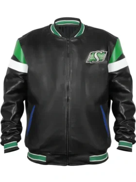 Saskatchewan Roughriders Black Varsity Zip Leather Jacket Front Look