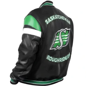 Saskatchewan Roughriders Black Varsity Zip Leather Jacket Side Back Look