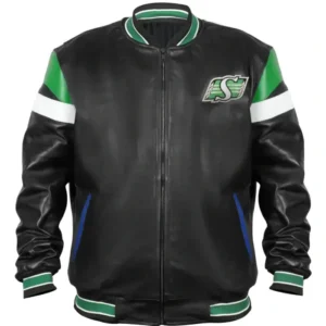 Saskatchewan Roughriders Black Varsity Zip Leather Jacket Front Look