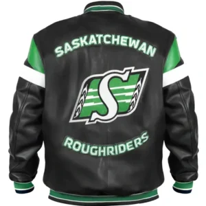Saskatchewan Roughriders Black Varsity Zip Leather Jacket Back Look