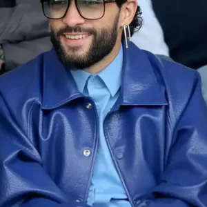 Sofiane Pamart Blue Leather Jacket Front look