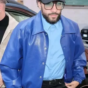 Sofiane Pamart Blue Leather Jacket Front look