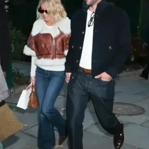 Sydney Sweeney Short Sleeves Brown Shearling Aviator Leather Jacket Front Look