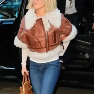 Sydney Sweeney Short Sleeves Brown Shearling Aviator Leather Jacket Front Look