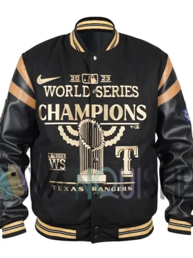 Texas Rangers Champions Black Varsity Jacket front van
