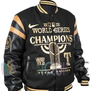 Texas Rangers Champions Black Varsity Jacket right front van