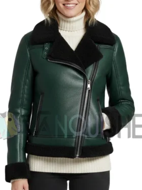 The Green Shearling-Lined Biker Jacket Front Look