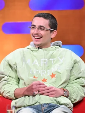 Timothée Chalamet Marty Supreme Green Jacket Front