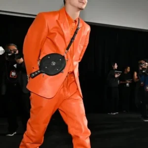 Timothée Chalamet Marty Supreme Premiere Orange Leather Suit