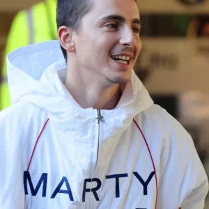 Timothée Chalamet Marty Supreme White Jacket Front