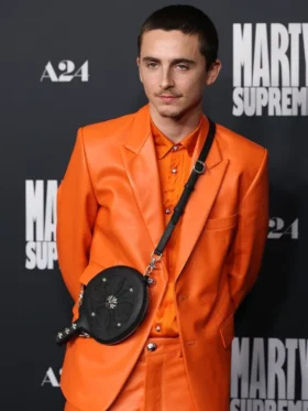 Timothée Chalamet Orange Leather Blazer