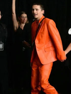 Timothée Chalamet Orange Leather Suit Front