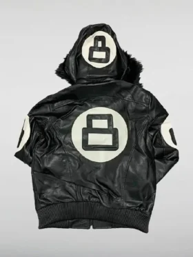 Unisex 8 Ball Multiple Colors Bomber Hooded Leather Jacket Back Look