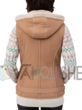 Women's Hooded Tan Suede Shearling Lined Vest Back Look