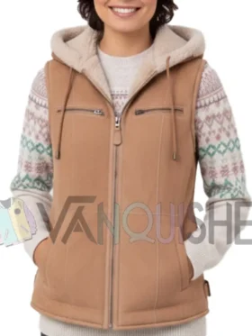 Women's Hooded Tan Suede Shearling Lined Vest Front Look