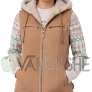 Women's Hooded Tan Suede Shearling Lined Vest Front Look
