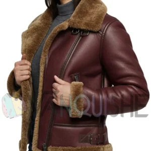 Women's Luxurious Burgundy Shearling Aviator Jacket Front Look