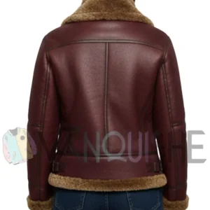 Women's Luxurious Burgundy Shearling Aviator Jacket Back Look