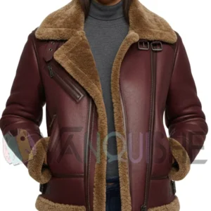 Women's Luxurious Burgundy Shearling Aviator Jacket Front Look