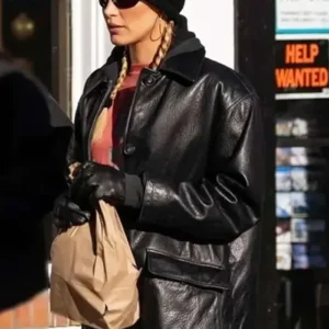 American Model Bella Hadid Black Leather Jacket Front Look