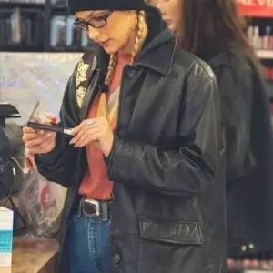 American Model Bella Hadid Black Leather Jacket Front Look
