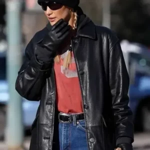 American Model Bella Hadid Black Leather Jacket Front Look