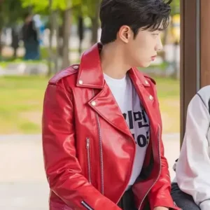 Cho Jun-young Spirit Fingers Red Leather Jacket Front Look