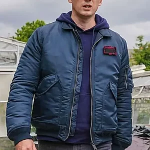 David Caves Silent Witness Blue Bomber Jacket Front Look
