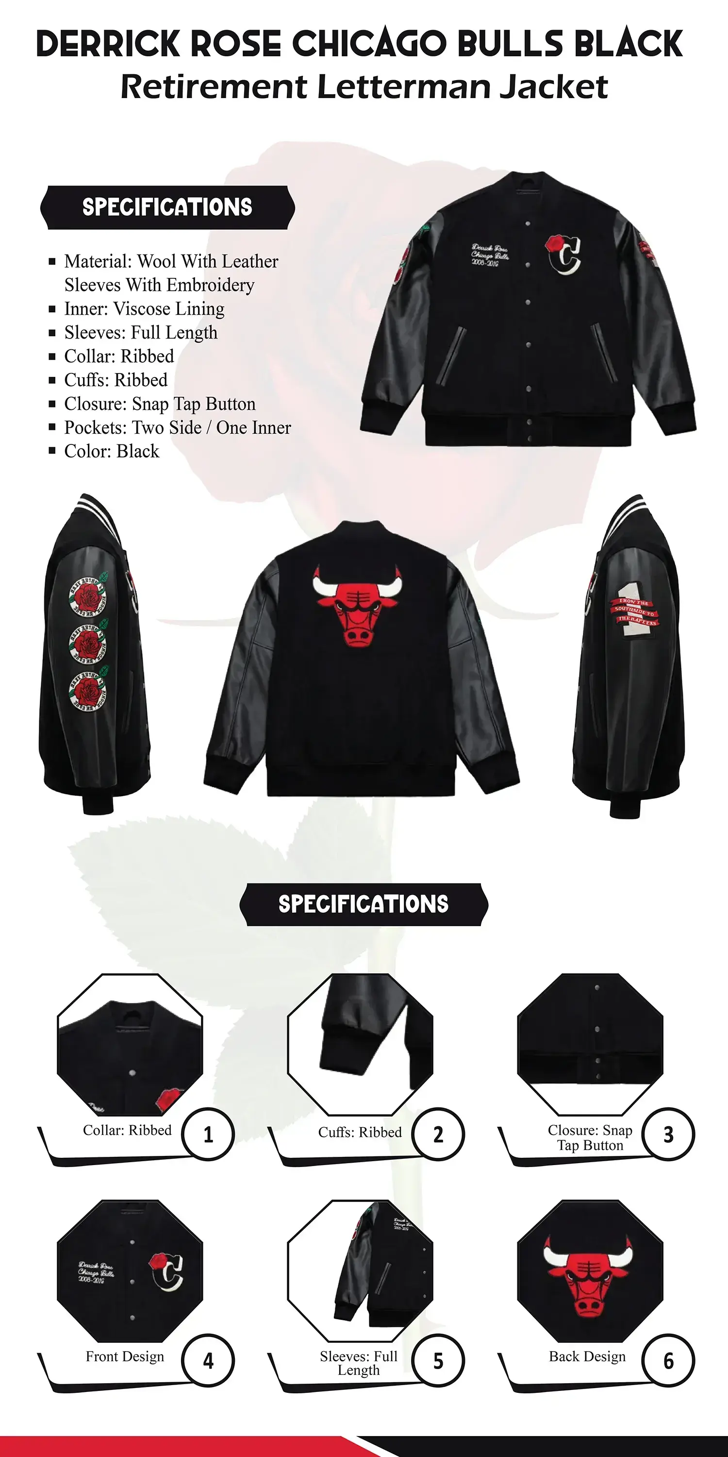 Derrick Rose Chicago Bulls Black Retirement Letterman Jacket infograph