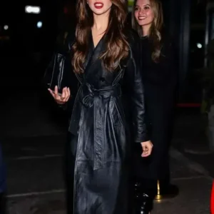 Eiza Gonzalez Black Leather Coat for Women Front Look