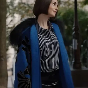 Emily in Paris Lily Collins Blue Embroidered Coat