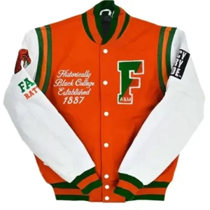 FAMU Varsity Jacket Orange And White front Look