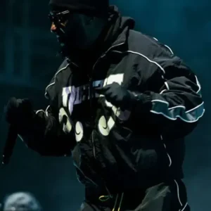 First NYE Concert Neef Buck Black Bomber Jacket Front Look